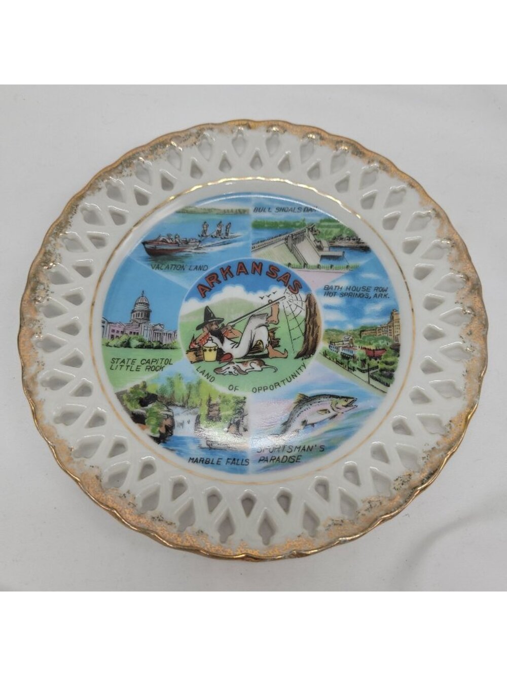 Vtg Arkansas Souvenir Decorative Plate Gold Trim & Lace Edge State Landmarks Col